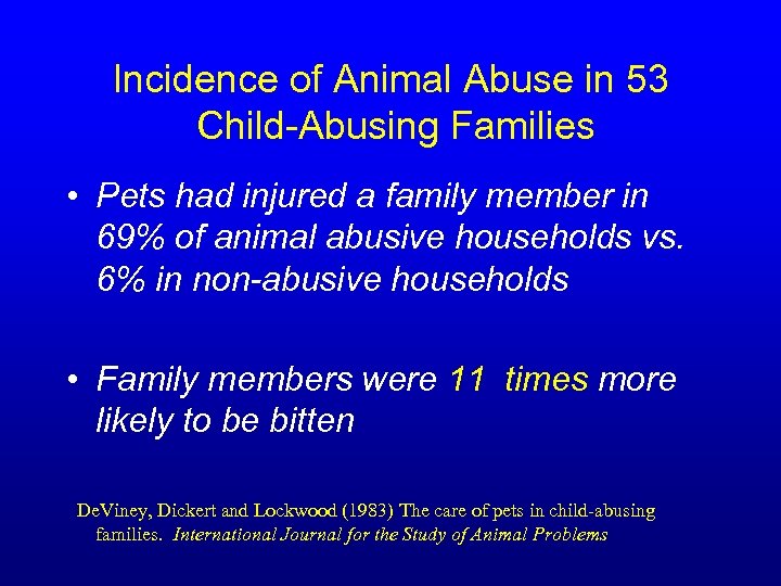 Incidence of Animal Abuse in 53 Child-Abusing Families • Pets had injured a family