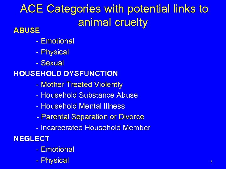  ACE Categories with potential links to animal cruelty ABUSE - Emotional - Physical
