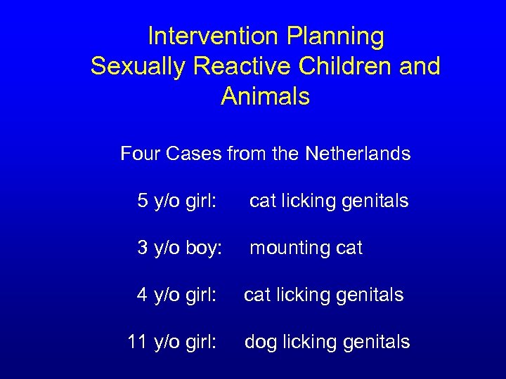 Intervention Planning Sexually Reactive Children and Animals Four Cases from the Netherlands 5 y/o