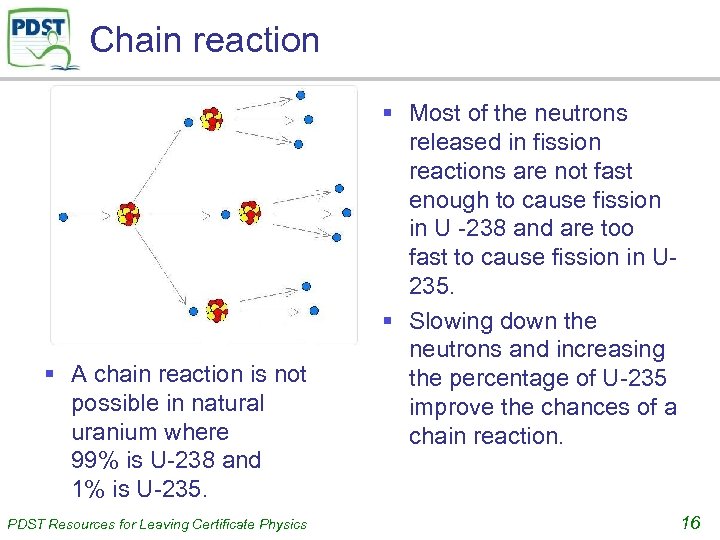 Chain reaction § A chain reaction is not possible in natural uranium where 99%
