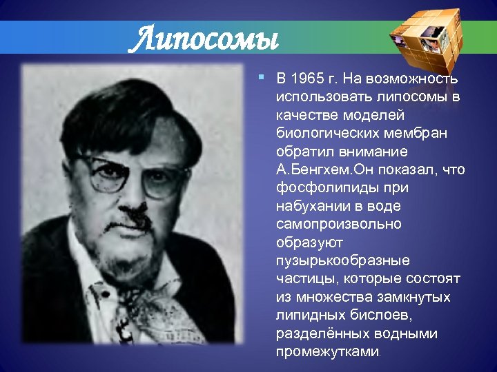 Липосомы § В 1965 г. На возможность использовать липосомы в качестве моделей биологических мембран