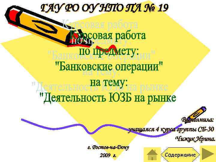 ГАУ РО ОУ НПО ПЛ № 19 Выполнила: учащаяся 4 курса группы СБ-30 Чижик