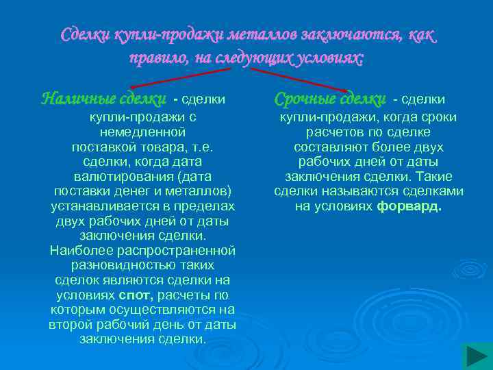 Сделки купли-продажи металлов заключаются, как правило, на следующих условиях: Наличные сделки - сделки купли