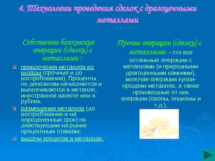 4. Технологии проведения сделок с драгоценными металлами Собственно банковские операции (сделки) с металлами :