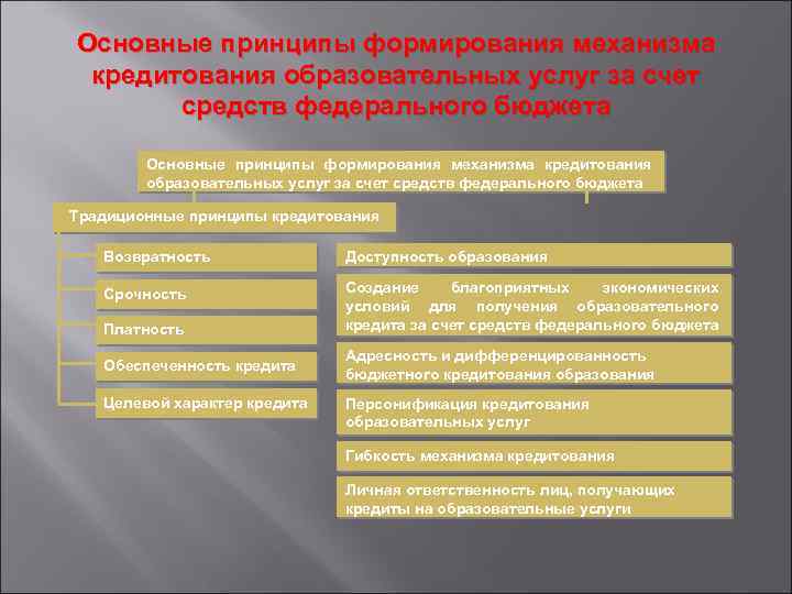 Основные принципы формирования механизма кредитования образовательных услуг за счет средств федерального бюджета Традиционные принципы
