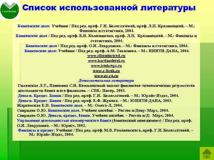 Список использованной литературы Банковское дело: Учебник / Под ред. проф. Г. Н. Белоглазовой, проф.