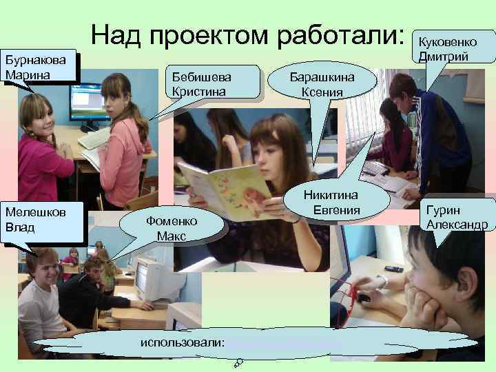 Над проектом работали: Бурнакова Марина Мелешков Влад Бебишева Кристина Фоменко Макс Куковенко Дмитрий Барашкина