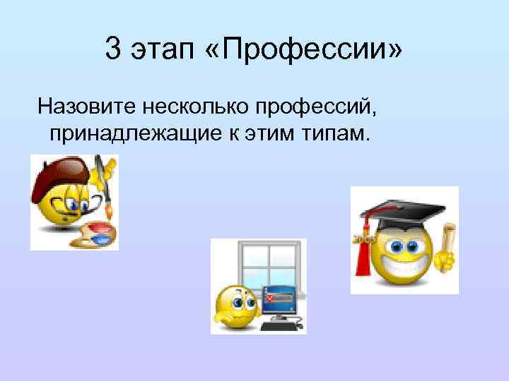 3 этап «Профессии» Назовите несколько профессий, принадлежащие к этим типам. 