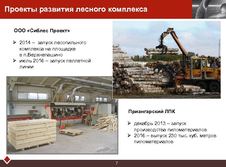 Проекты развития лесного комплекса LOGO ООО «Сиблес Проект» Ø 2014 – запуск лесопильного комплекса