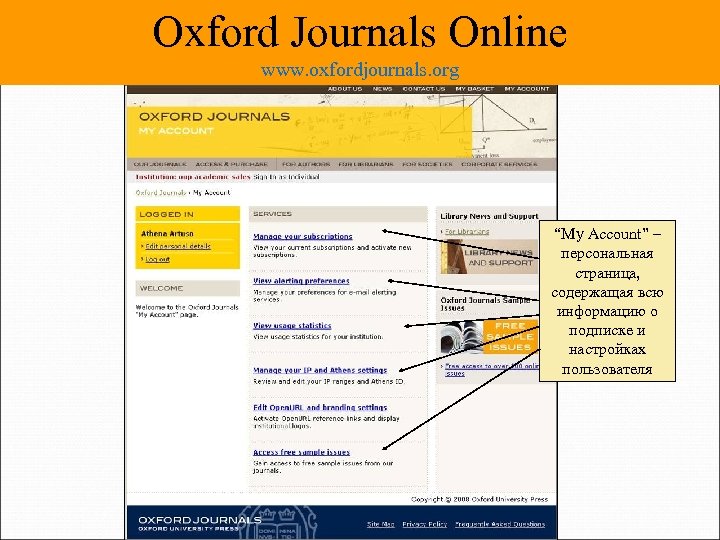 Oxford Journals Online www. oxfordjournals. org “My Account” – персональная страница, содержащая всю информацию