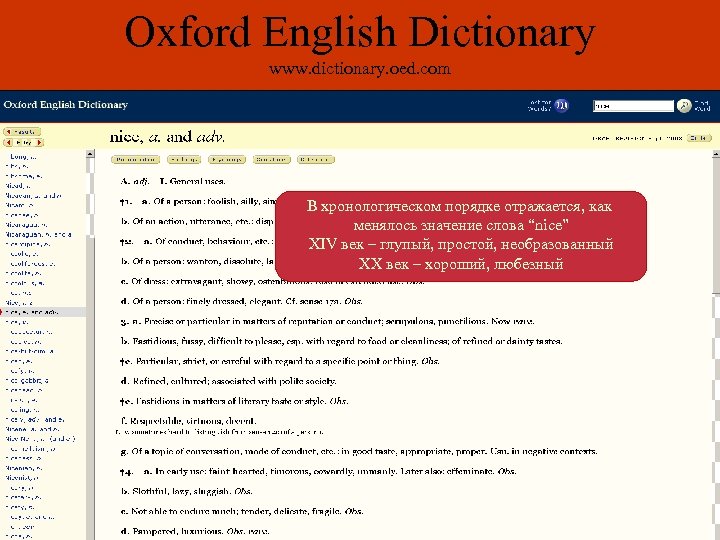Oxford English Dictionary www. dictionary. oed. com В хронологическом порядке отражается, как менялось значение