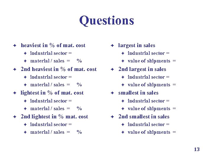 Questions è heaviest in % of mat. cost è è è industrial sector =