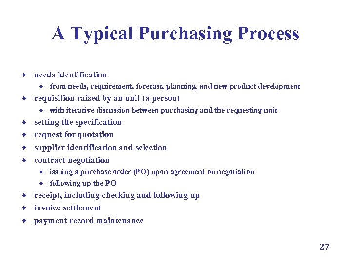 A Typical Purchasing Process è needs identification è è requisition raised by an unit