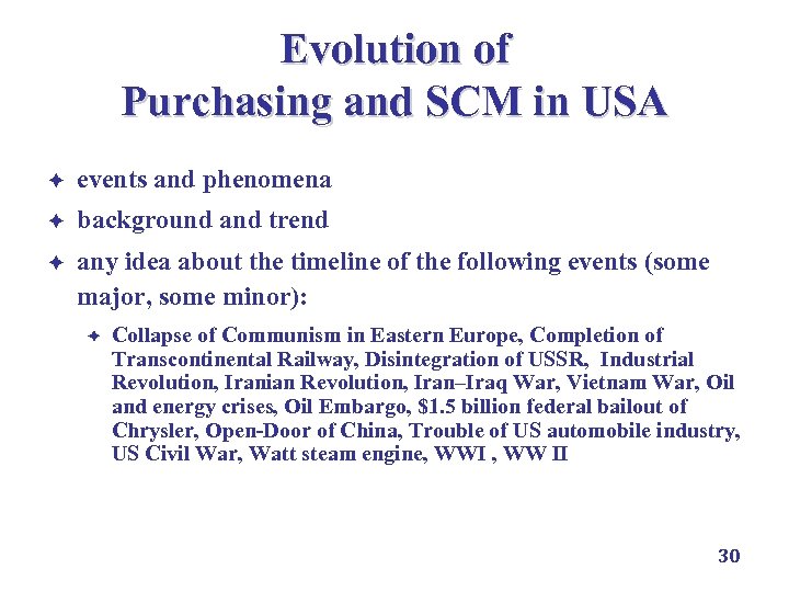 Evolution of Purchasing and SCM in USA è events and phenomena: consequences è background