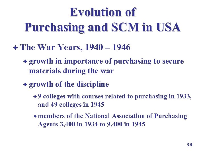 Evolution of Purchasing and SCM in USA è The War Years, 1940 – 1946