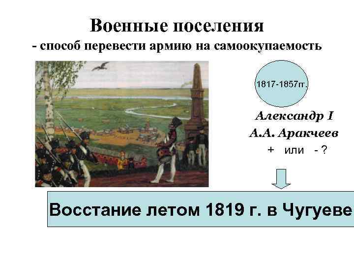 Военные поселения - способ перевести армию на самоокупаемость 1817 -1857 гг. Александр I А.