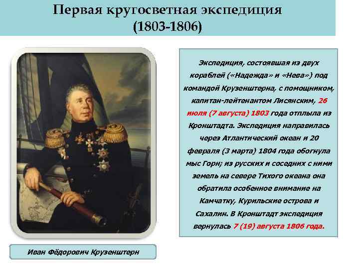 Первая кругосветная экспедиция (1803 -1806) Экспедиция, состоявшая из двух кораблей ( «Надежда» и «Нева»