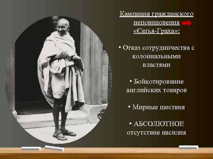 Кампания гражданского неповиновения «Сатья-Граха» : • Отказ сотрудничества с колониальными властями • Бойкотирование английских