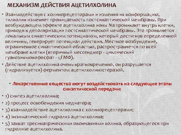 МЕХАНИЗМ ДЕЙСТВИЯ АЦЕТИЛХОЛИНА • Взаимодействуя с холинорецепторами и изменяя их конформацию, тилхолин изменяет проницаемость