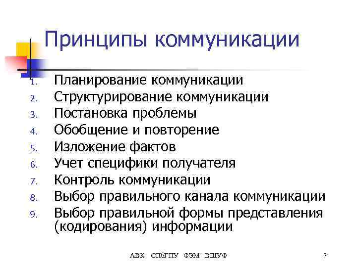 Принципы коммуникации 1. 2. 3. 4. 5. 6. 7. 8. 9. Планирование коммуникации Структурирование