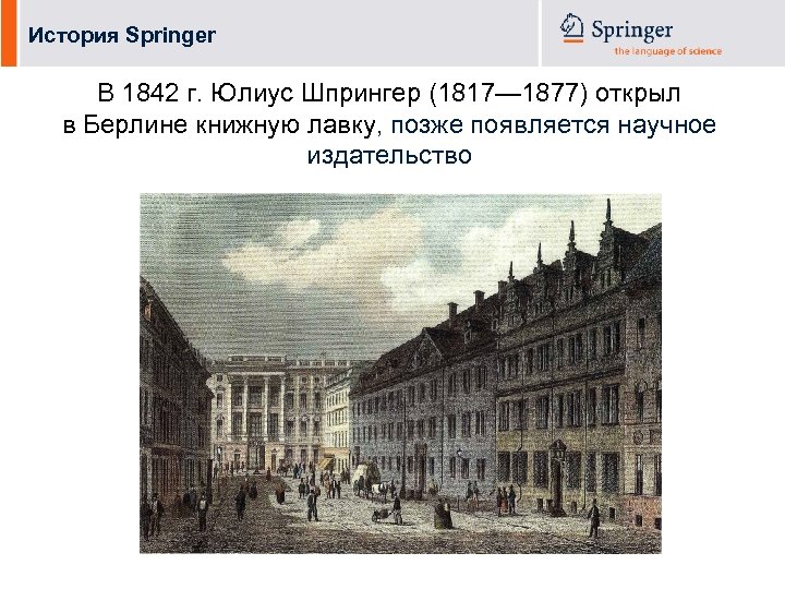 История Springer В 1842 г. Юлиус Шпрингер (1817— 1877) открыл в Берлине книжную лавку,