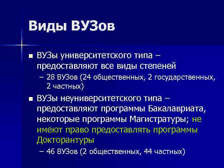 Виды ВУЗов n ВУЗы университетского типа – предоставляют все виды степеней – 28 ВУЗов