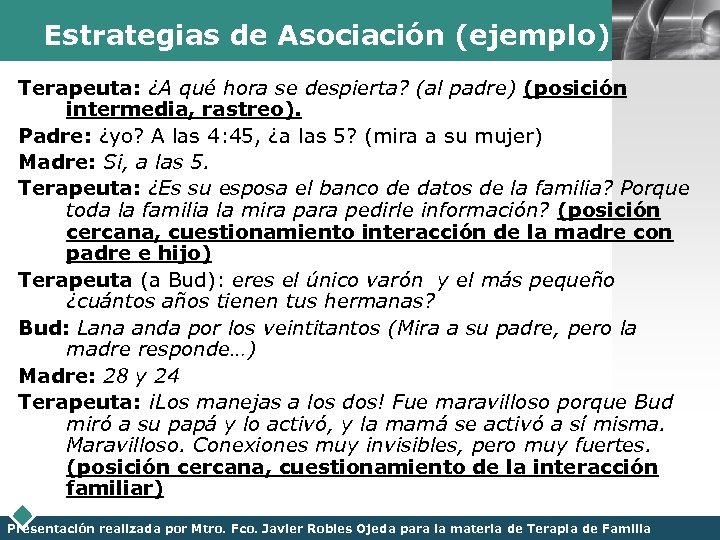 Estrategias de Asociación (ejemplo) LOGO Terapeuta: ¿A qué hora se despierta? (al padre) (posición