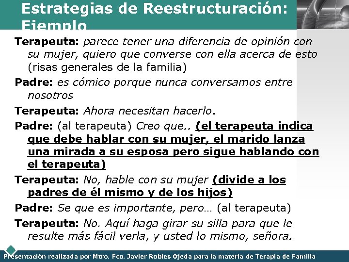 Estrategias de Reestructuración: Ejemplo LOGO Terapeuta: parece tener una diferencia de opinión con su