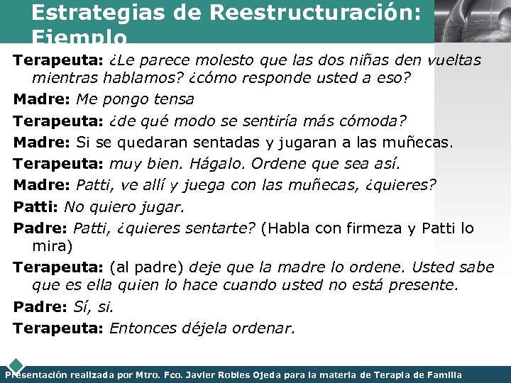 Estrategias de Reestructuración: Ejemplo LOGO Terapeuta: ¿Le parece molesto que las dos niñas den