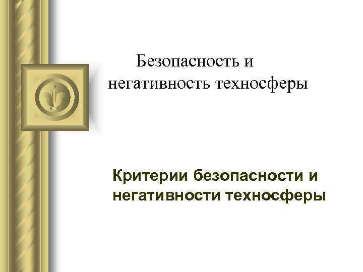  Безопасность и негативность техносферы Критерии безопасности и негативности техносферы 