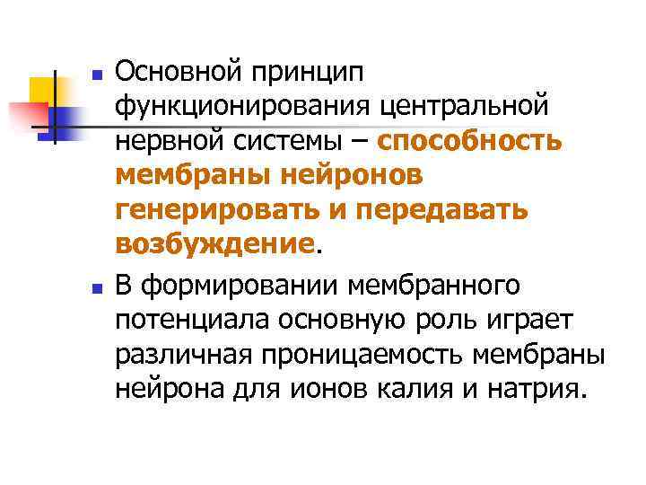 n n Основной принцип функционирования центральной нервной системы – способность мембраны нейронов генерировать и