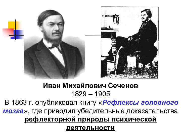Иван Михайлович Сеченов 1829 – 1905 В 1863 г. опубликовал книгу «Рефлексы головного мозга»