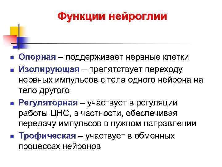 Функции нейроглии n n Опорная – поддерживает нервные клетки Изолирующая – препятствует переходу нервных