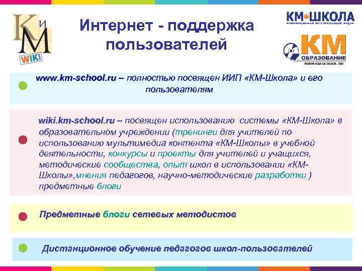 Интернет - поддержка пользователей www. km-school. ru – полностью посвящен ИИП «КМ-Школа» и его