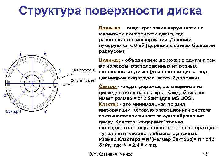 Структура поверхности диска Дорожка - концентрические окружности на магнитной поверхности диска, где располагается информация.