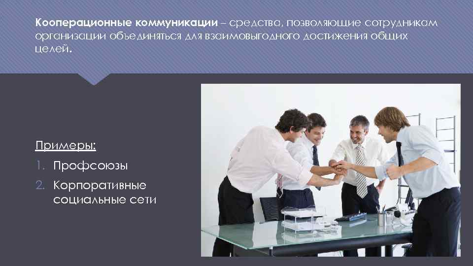 Кооперационные коммуникации – средства, позволяющие сотрудникам организации объединяться для взаимовыгодного достижения общих целей. Примеры: