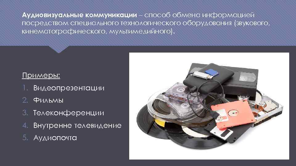 Аудиовизуальные коммуникации – способ обмена информацией посредством специального технологического оборудования (звукового, кинематографического, мультимедийного). Примеры: