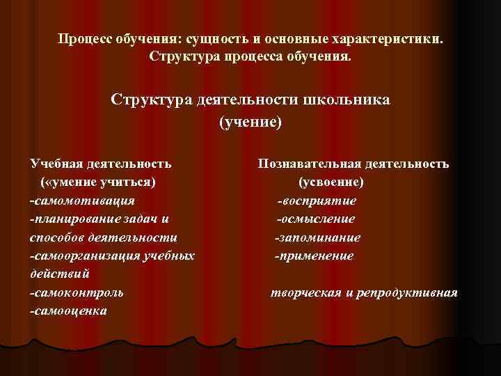 Процесс обучения: сущность и основные характеристики. Структура процесса обучения. Структура деятельности школьника (учение) Учебная