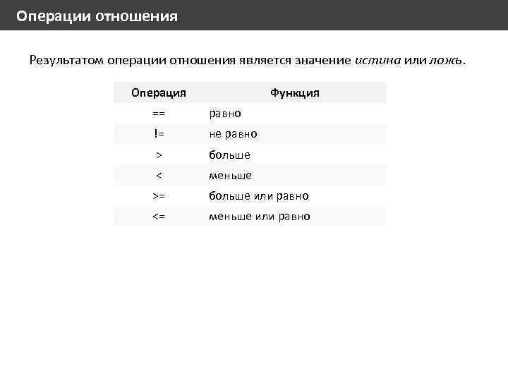 Операции отношения Результатом операции отношения является значение истина или ложь. Операция Функция == равно