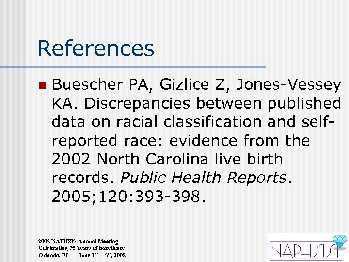 References n Buescher PA, Gizlice Z, Jones-Vessey KA. Discrepancies between published data on racial