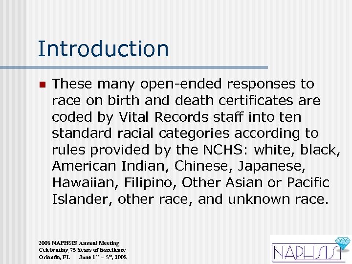 Introduction n These many open-ended responses to race on birth and death certificates are