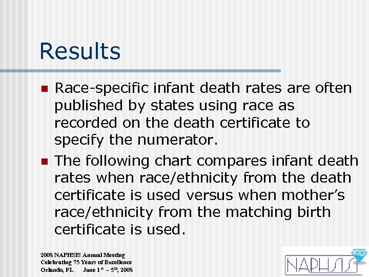 Results n n Race-specific infant death rates are often published by states using race