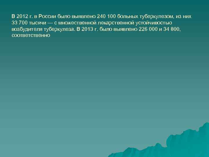 В 2012 г. в России было выявлено 240 100 больных туберкулезом, из них 33