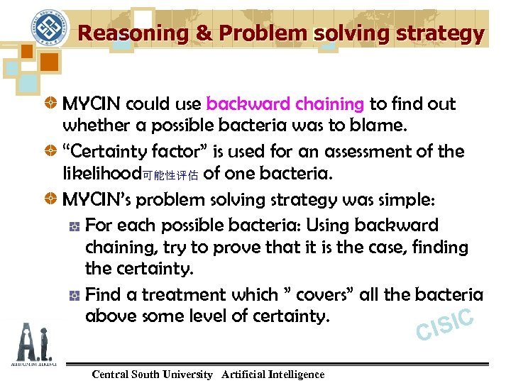 Reasoning & Problem solving strategy MYCIN could use backward chaining to find out whether