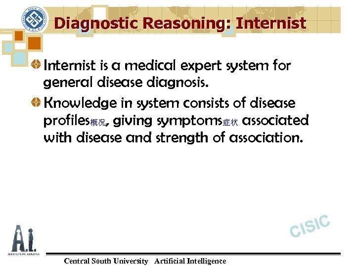 Diagnostic Reasoning: Internist is a medical expert system for general disease diagnosis. Knowledge in
