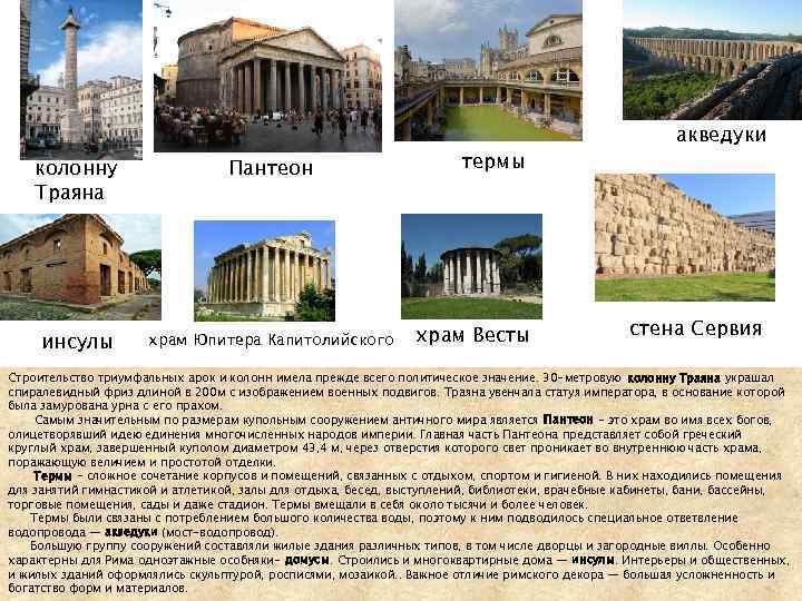колонну Траяна Пантеон инсулы храм Юпитера Капитолийского термы храм Весты акведуки стена Сервия Строительство