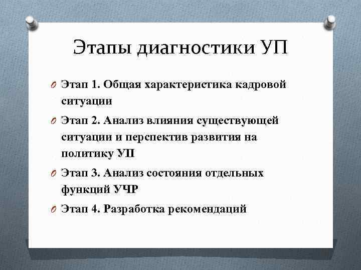 Этапы диагностики УП O Этап 1. Общая характеристика кадровой ситуации O Этап 2. Анализ
