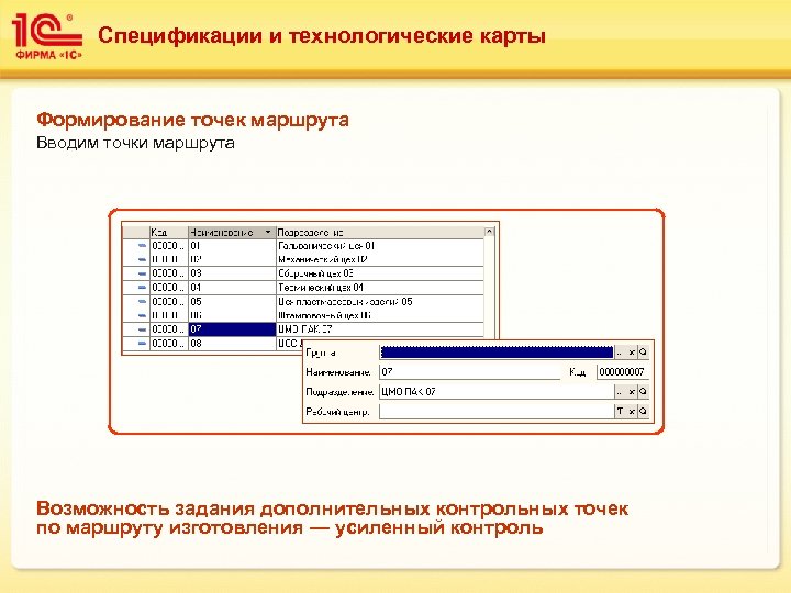 Спецификации и технологические карты Формирование точек маршрута Вводим точки маршрута Возможность задания дополнительных контрольных