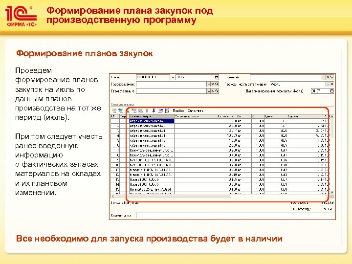 Формирование плана закупок под производственную программу Формирование планов закупок Проведем формирование планов закупок на