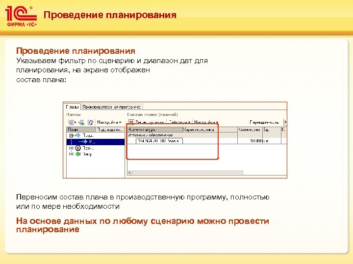 Проведение планирования Указываем фильтр по сценарию и диапазон дат для планирования, на экране отображен